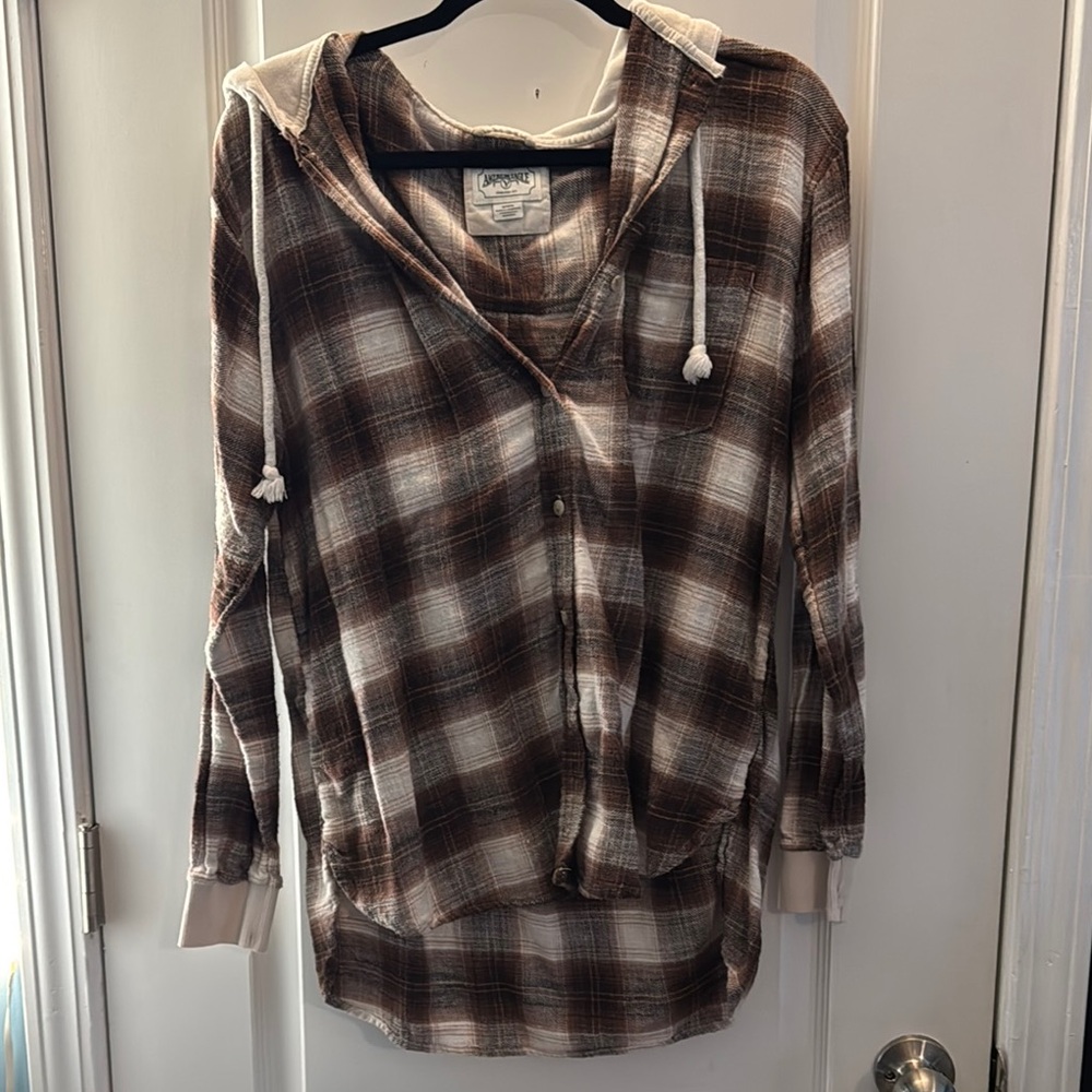 American Eagle Outfitters Brown Plaid Hoodie Top